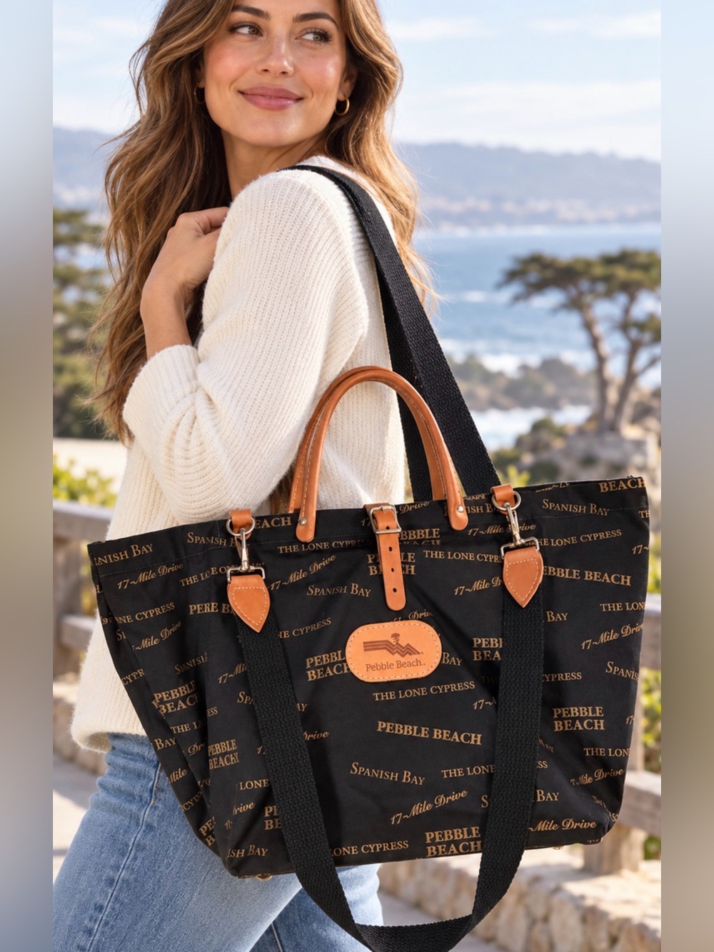 Pebble Beach Large Black Canvas Leather Trim Tote Bag 17-Mile Drive Shoulder Bag